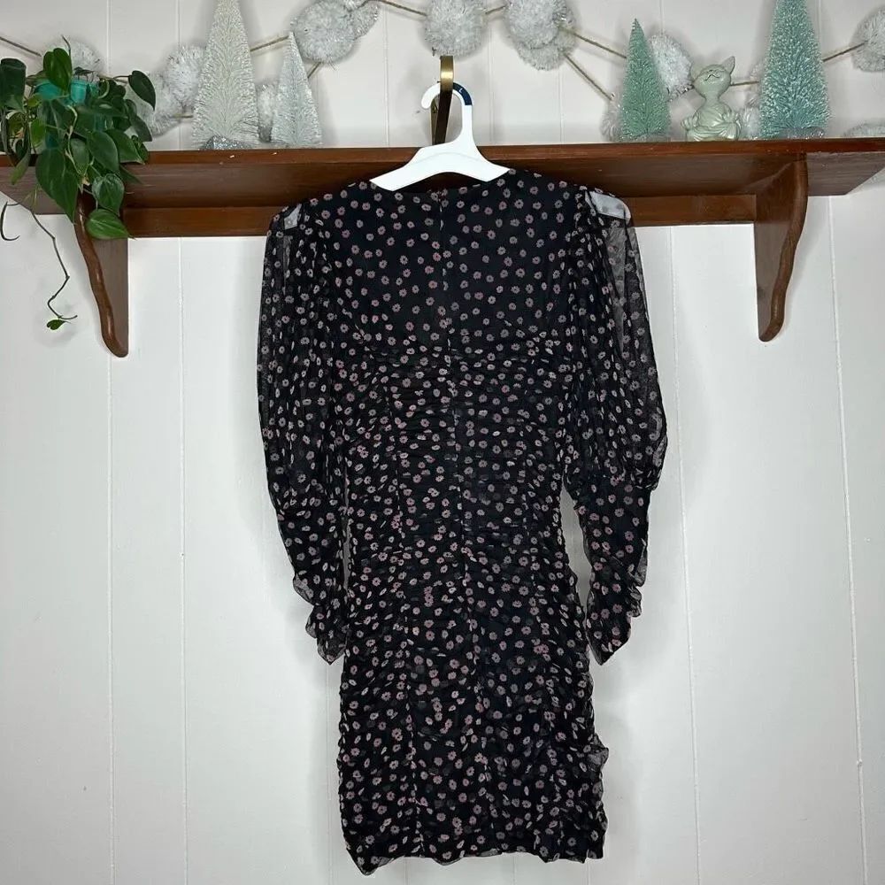ZARA Women's Floral Draped Ruched Sheer Mini Dress Black & Pink XS - Picture 2 of 5